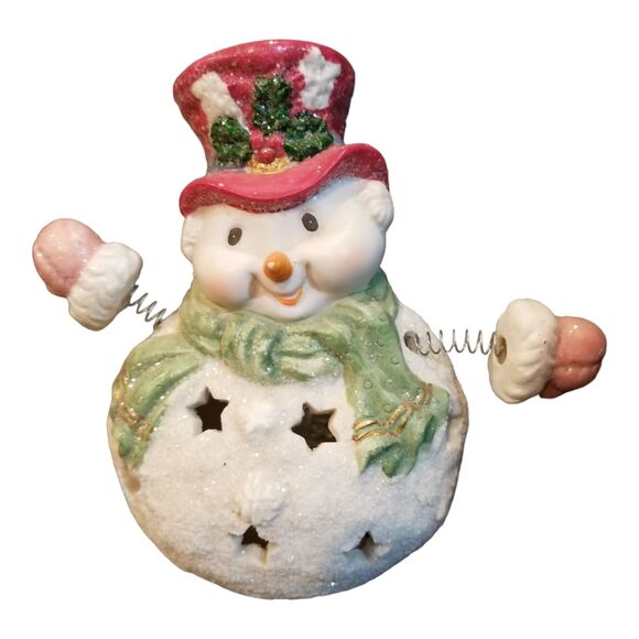Vtg Mistletoe Moments Christmas Sugar Frosted Snowman Tealight Bobble Spring Arm - Picture 2 of 8